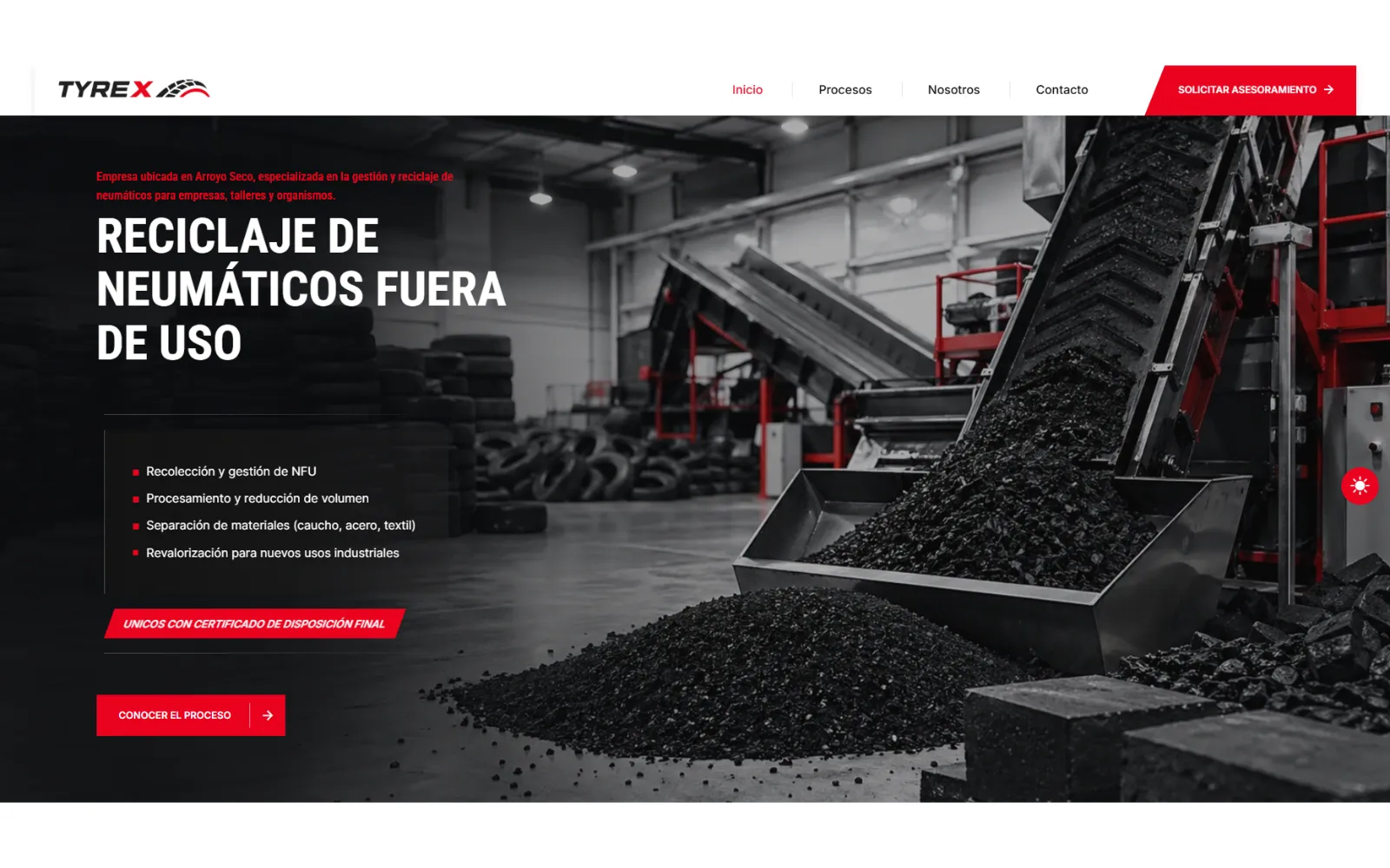 Página de inicio de TYREX, empresa de reciclaje de neumáticos en Arroyo Seco