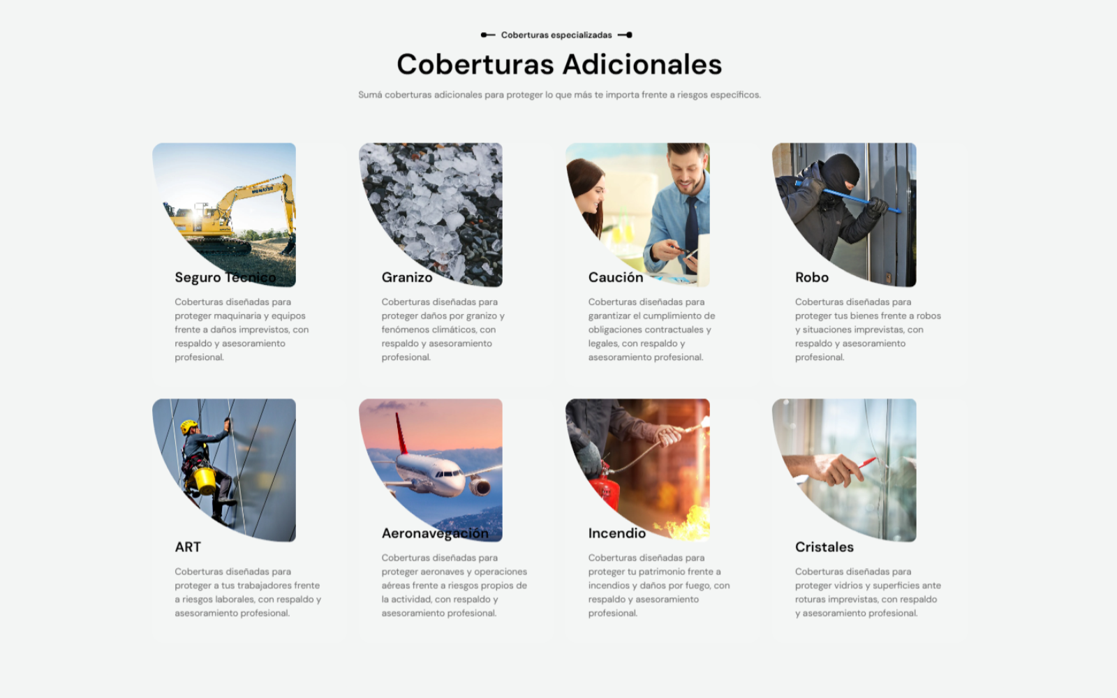Sección de coberturas adicionales del sitio web de Urtubey Boccalini, con tarjetas de seguros, imágenes de bordes curvos y descripciones organizadas en una cuadrícula.