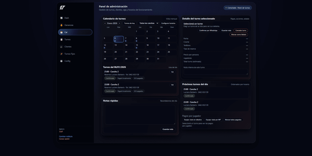 panel de gestión sistema de turnos para canchas de fútbol